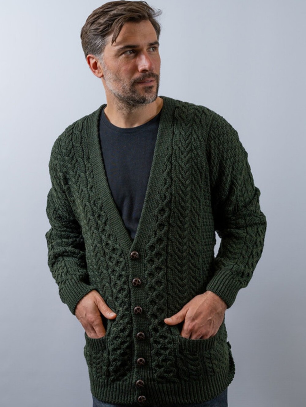 Aran Woollen Mills Clare Island Cable Knit Merino Wool Cardigan - Dark Green